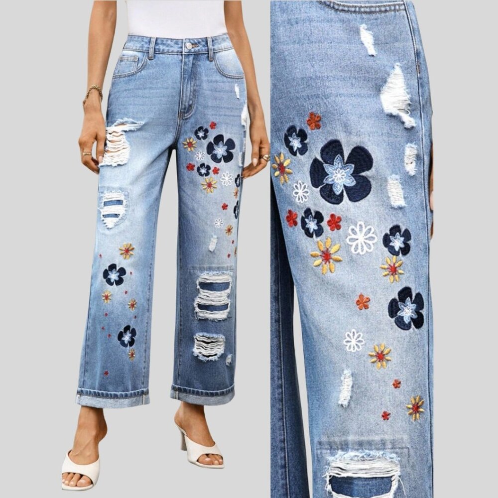 LAST ONE 🔥 Distressed Embroidered High Waist Mom Ankle Jeans Blue